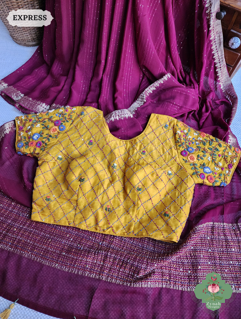 Wine Crepe Silk Saree With Sequins Work, Sleek Border & Kantha Work On Pallu 5