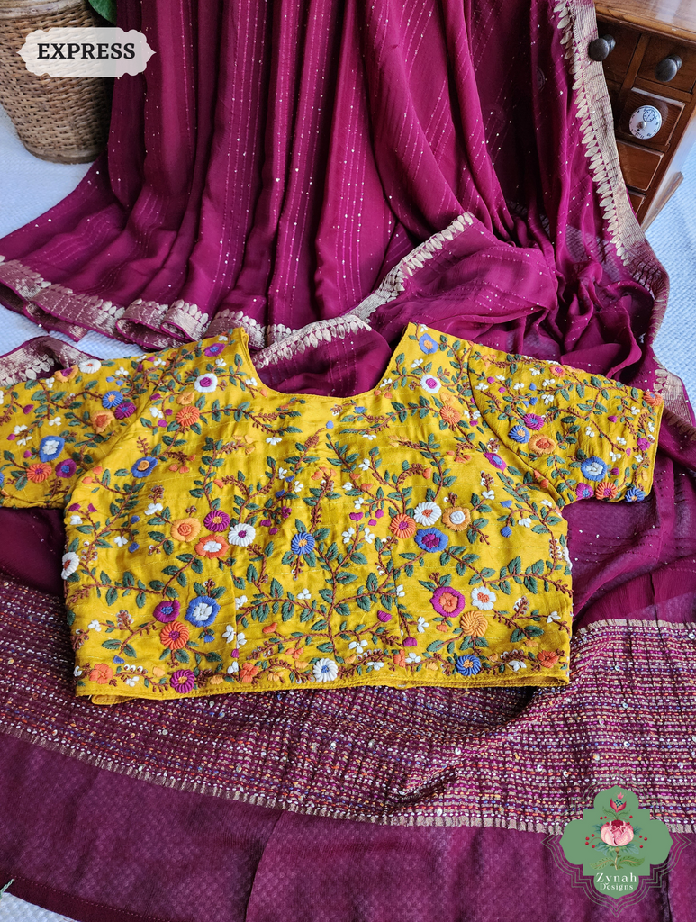 Wine Crepe Silk Saree With Sequins Work, Sleek Border & Kantha Work On Pallu 6