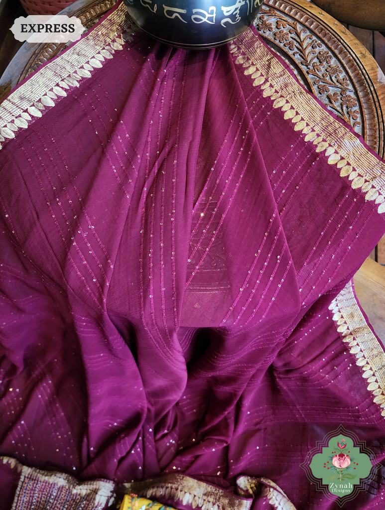 Wine Crepe Silk Saree With Sequins Work, Sleek Border & Kantha Work On Pallu 7