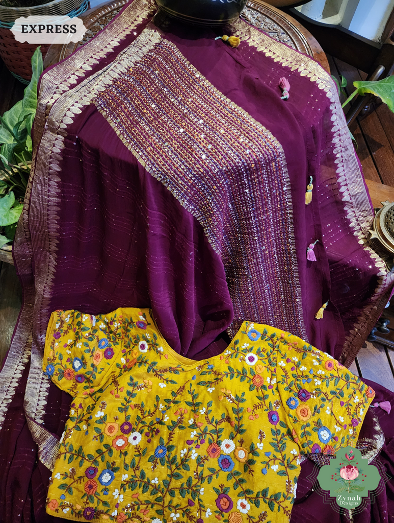 Wine Crepe Silk Saree With Sequins Work, Sleek Border & Kantha Work On Pallu 8