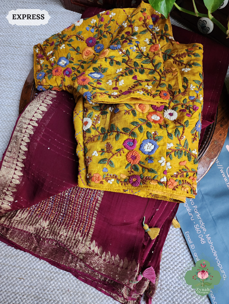 Wine Crepe Silk Saree With Sequins Work, Sleek Border & Kantha Work On Pallu 9