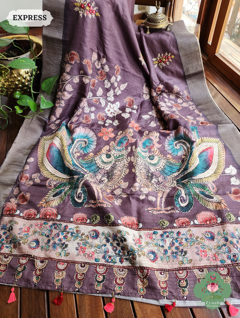 Zynah Wine Jute Linen Saree With Kalamkari Pallu, Kantha & Sequins Highlight & Frenchknot Hand Embroidery; Custom Stitched/Ready-made Blouse, Fall, Petticoat; SKU: 0609202409