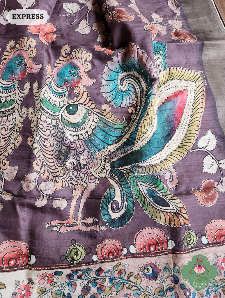 Zynah Wine Jute Linen Saree With Kalamkari Pallu, Kantha & Sequins Highlight & Frenchknot Hand Embroidery; Custom Stitched/Ready-made Blouse, Fall, Petticoat; SKU: 0609202409