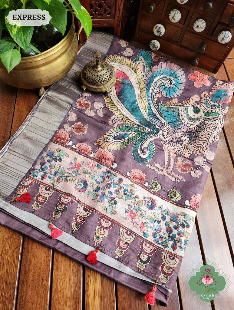 Zynah Wine Jute Linen Saree With Kalamkari Pallu, Kantha & Sequins Highlight & Frenchknot Hand Embroidery; Custom Stitched/Ready-made Blouse, Fall, Petticoat; SKU: 0609202409