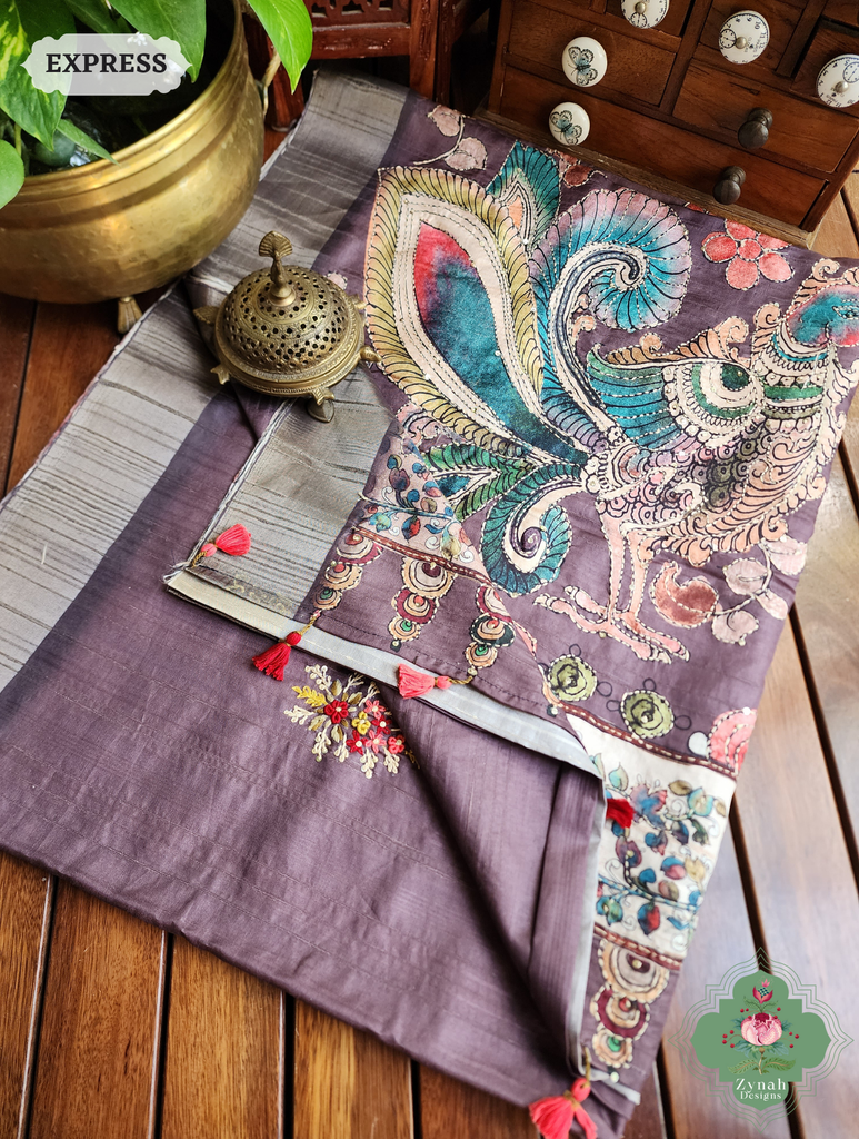Zynah Wine Jute Linen Saree With Kalamkari Pallu, Kantha & Sequins Highlight & Frenchknot Hand Embroidery; Custom Stitched/Ready-made Blouse, Fall, Petticoat; SKU: 0609202409