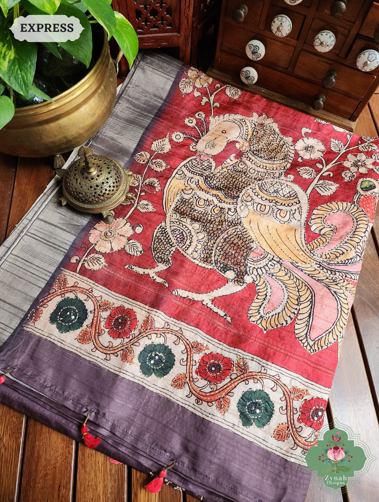 Zynah Wine Jute Linen Saree With Red Kalamkari Pallu, Kantha & Sequins Highlight & Frenchknot Hand Embroidery; Custom Stitched/Ready-made Blouse, Fall, Petticoat; SKU: 06092024010