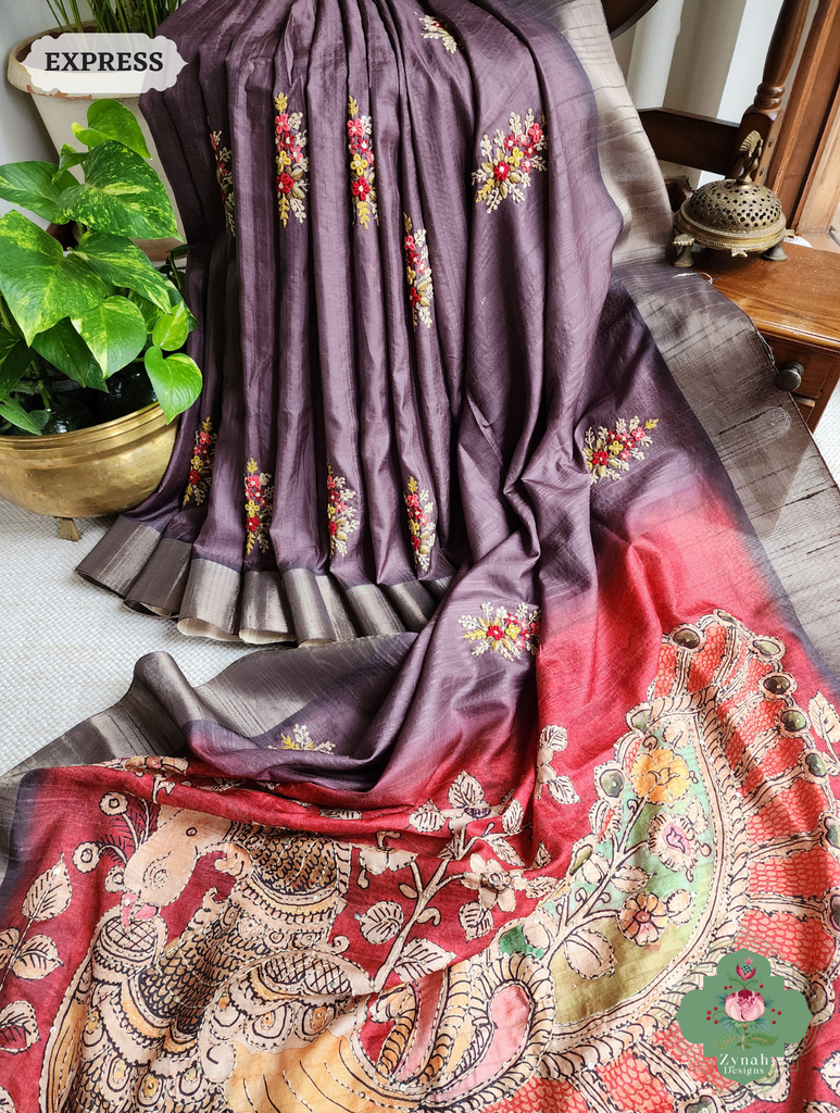 Zynah Wine Jute Linen Saree With Red Kalamkari Pallu, Kantha & Sequins Highlight & Frenchknot Hand Embroidery; Custom Stitched/Ready-made Blouse, Fall, Petticoat; SKU: 06092024010