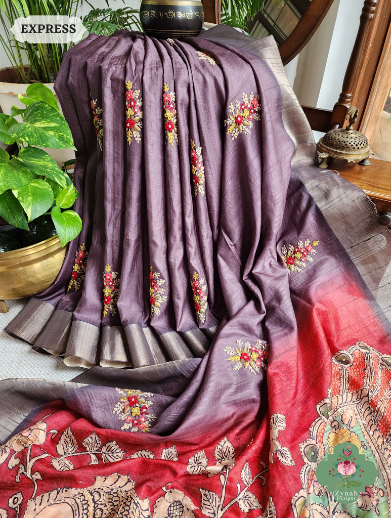 Zynah Wine Jute Linen Saree With Red Kalamkari Pallu, Kantha & Sequins Highlight & Frenchknot Hand Embroidery; Custom Stitched/Ready-made Blouse, Fall, Petticoat; SKU: 06092024010