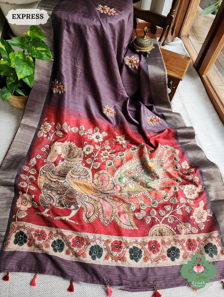 Zynah Wine Jute Linen Saree With Red Kalamkari Pallu, Kantha & Sequins Highlight & Frenchknot Hand Embroidery; Custom Stitched/Ready-made Blouse, Fall, Petticoat; SKU: 06092024010