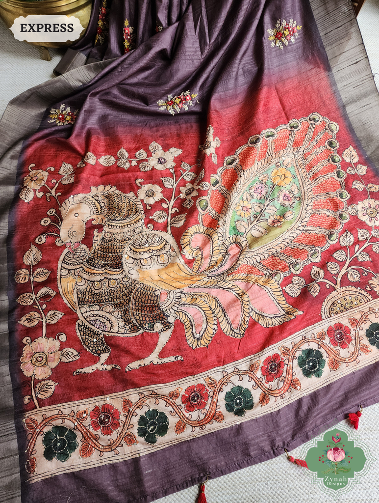 Zynah Wine Jute Linen Saree With Red Kalamkari Pallu, Kantha & Sequins Highlight & Frenchknot Hand Embroidery; Custom Stitched/Ready-made Blouse, Fall, Petticoat; SKU: 06092024010