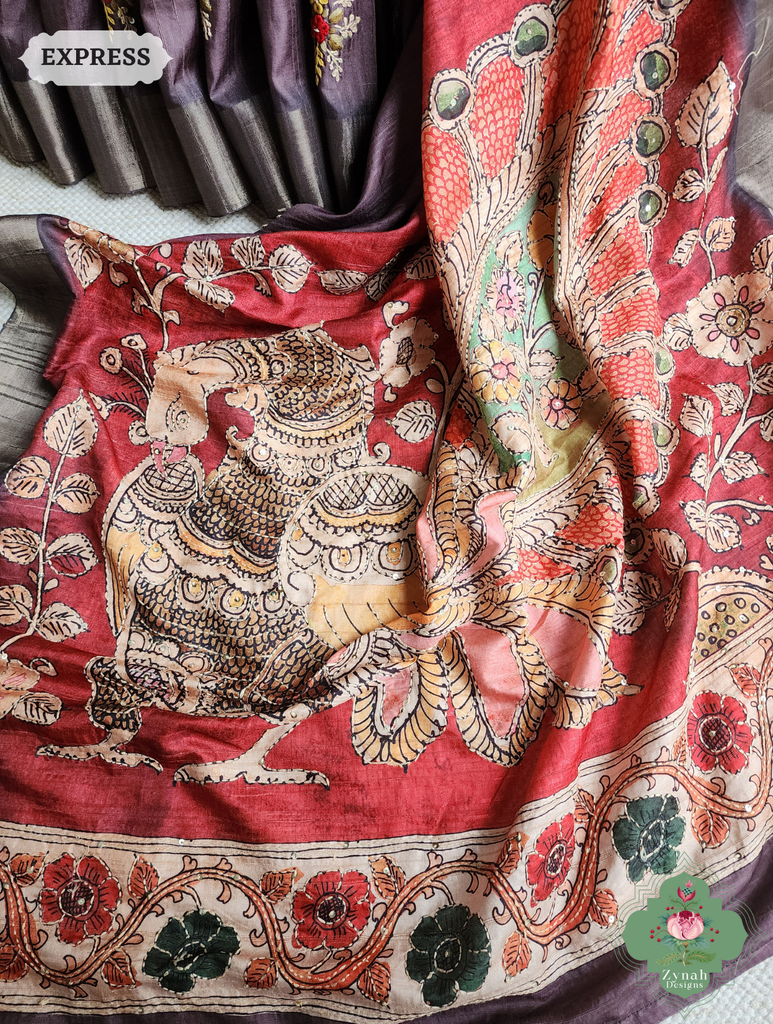 Zynah Wine Jute Linen Saree With Red Kalamkari Pallu, Kantha & Sequins Highlight & Frenchknot Hand Embroidery; Custom Stitched/Ready-made Blouse, Fall, Petticoat; SKU: 06092024010