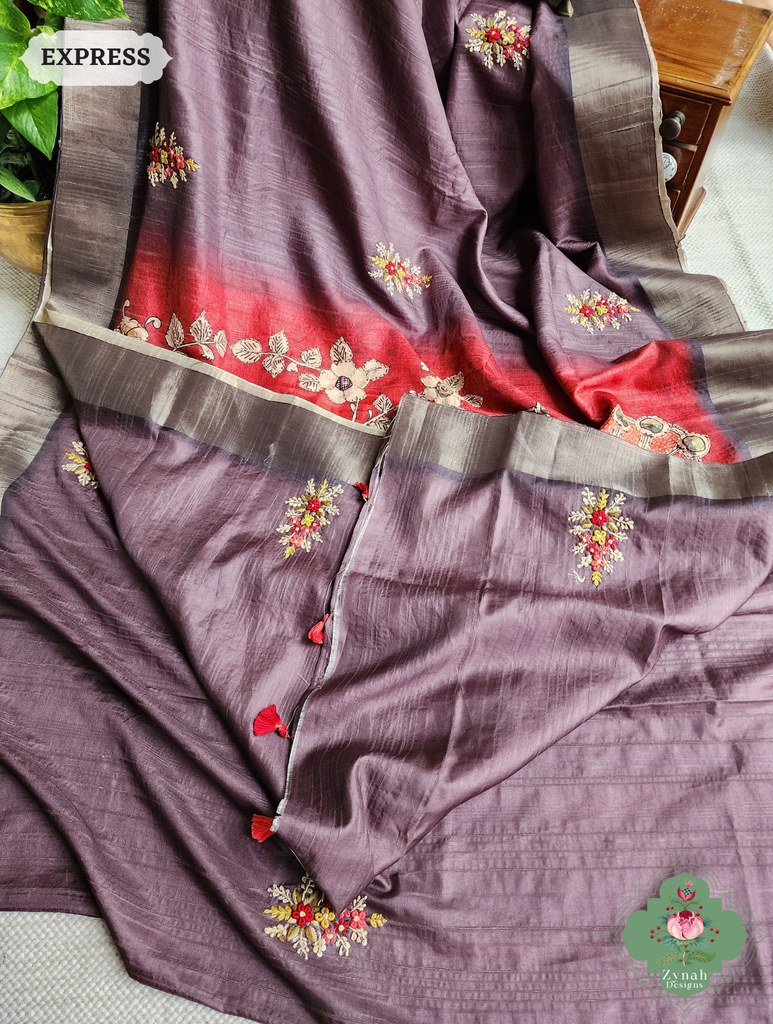 Zynah Wine Jute Linen Saree With Red Kalamkari Pallu, Kantha & Sequins Highlight & Frenchknot Hand Embroidery; Custom Stitched/Ready-made Blouse, Fall, Petticoat; SKU: 06092024010