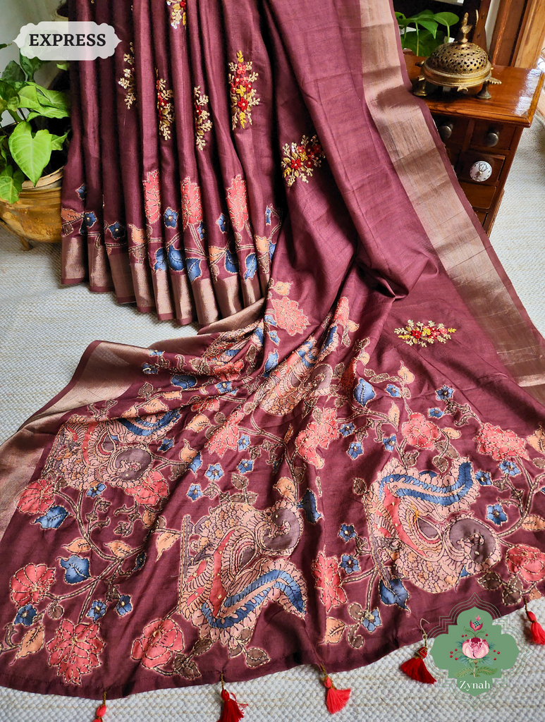 Wine Jute Linen Saree, Kalamkari Pallu With Kantha Work, All Over Frenchknot Embroidery Butis
