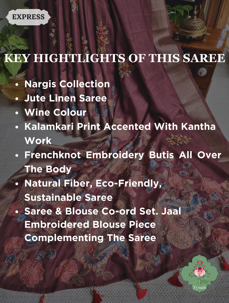 Wine Jute Linen Saree, Kalamkari Pallu With Kantha Work, All Over Frenchknot Embroidery Butis