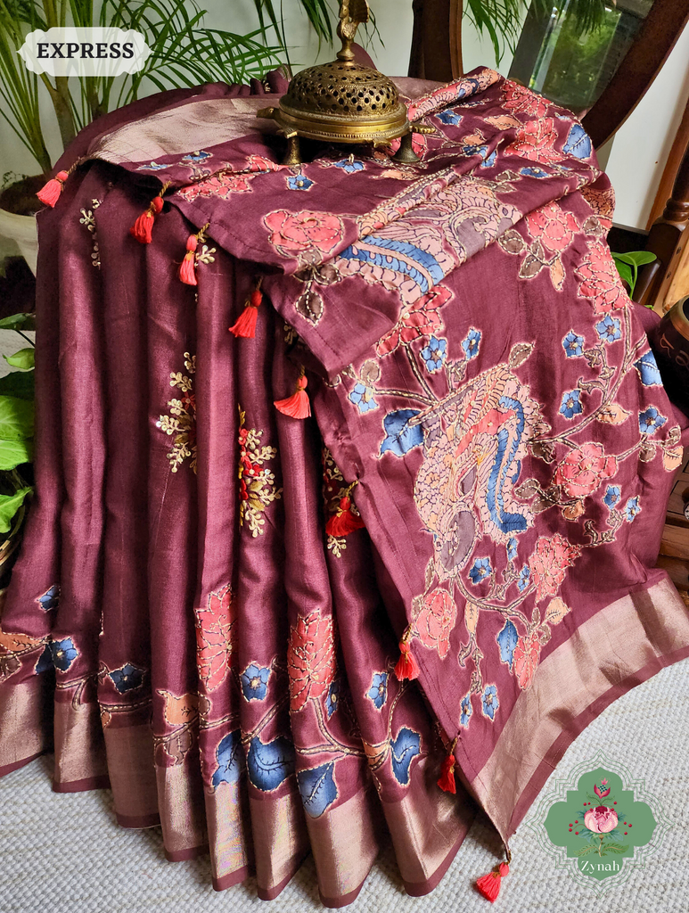 Wine Jute Linen Saree, Kalamkari Pallu With Kantha Work, All Over Frenchknot Embroidery Butis