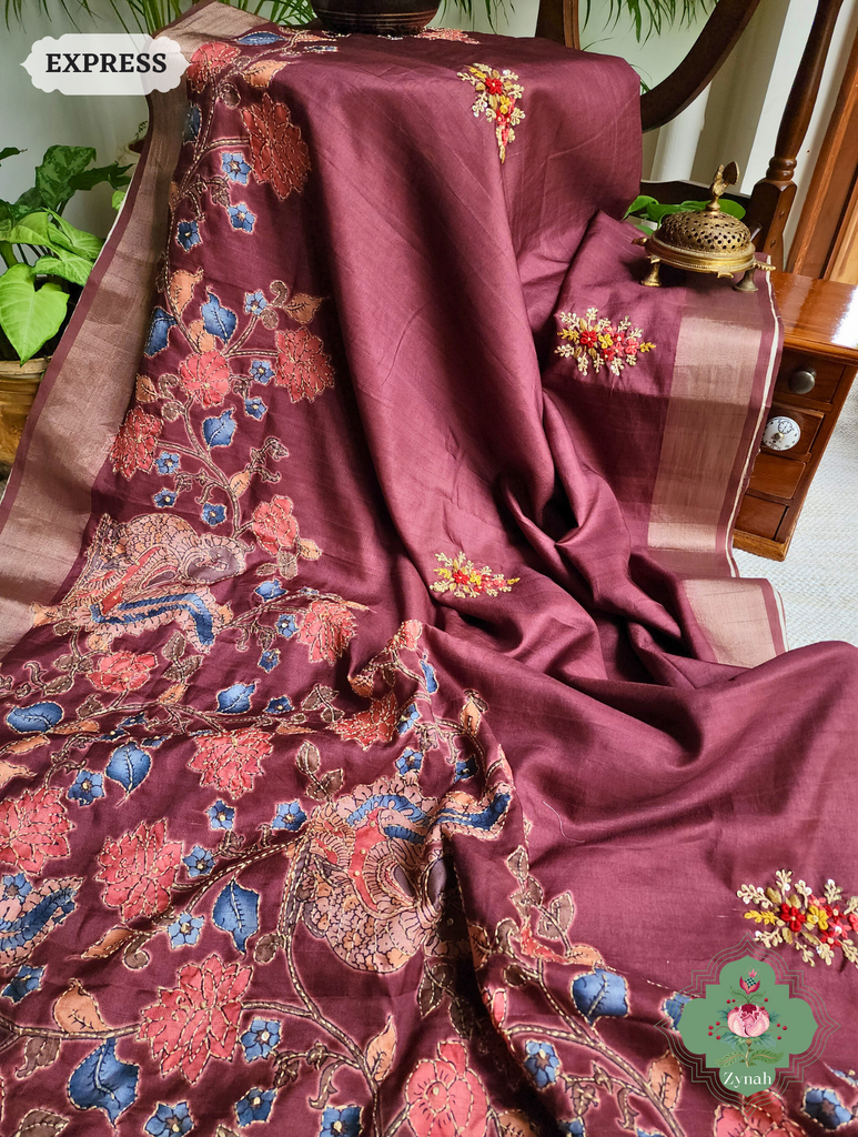 Wine Jute Linen Saree, Kalamkari Pallu With Kantha Work, All Over Frenchknot Embroidery Butis
