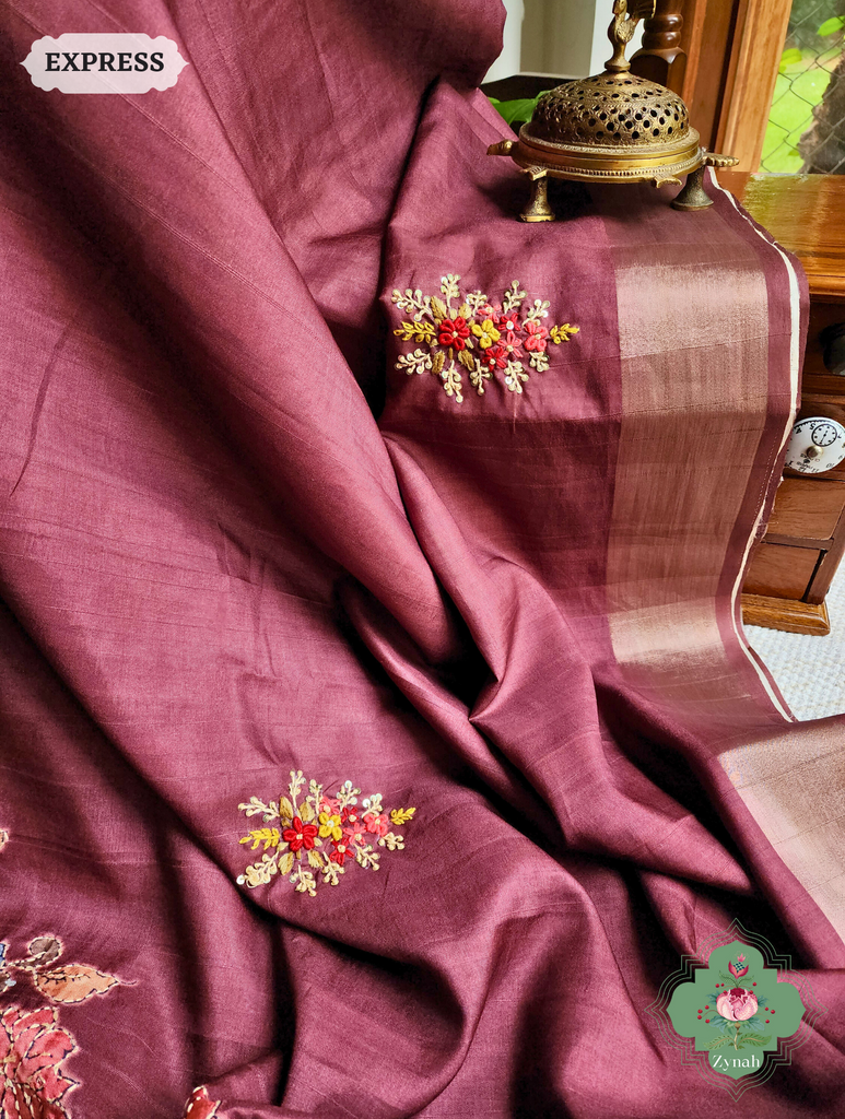 Wine Jute Linen Saree, Kalamkari Pallu With Kantha Work, All Over Frenchknot Embroidery Butis