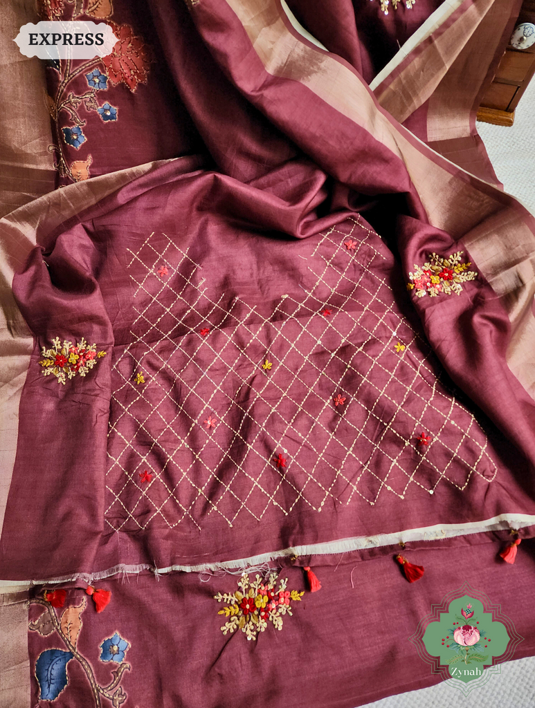 Wine Jute Linen Saree, Kalamkari Pallu With Kantha Work, All Over Frenchknot Embroidery Butis