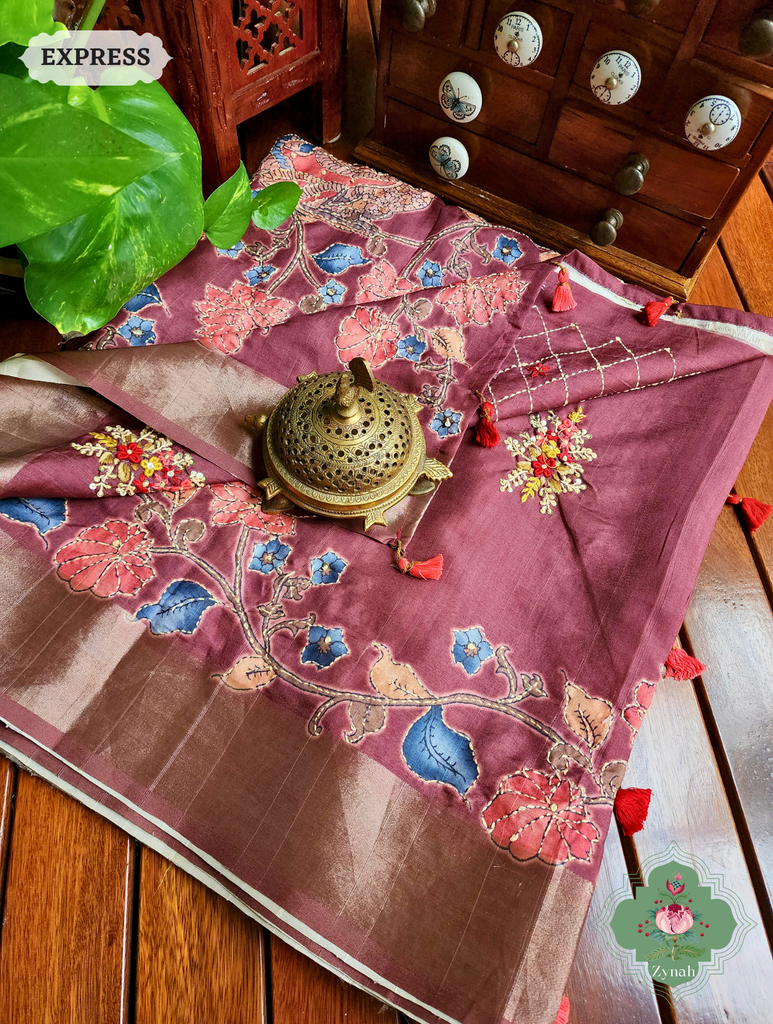 Wine Jute Linen Saree, Kalamkari Pallu With Kantha Work, All Over Frenchknot Embroidery Butis