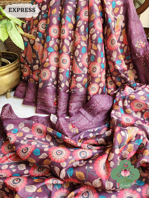 Luxurious Wine Jute Tussar Kalamkari Saree with Kantha Hand Embroidery & Sequins - perfect for any occasion, a true masterpiece.