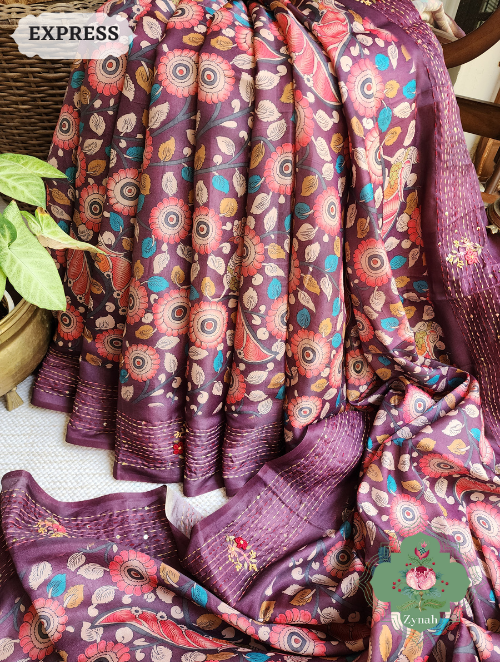 Zynah Wine Jute Tussar Kalamkari Saree, Frenchknot Motifs & Kantha Hand Embroidery at Pallu & Border & Sequins; Custom Stitched/Ready-made Blouse, Fall, Petticoat; SKU: 0805202303