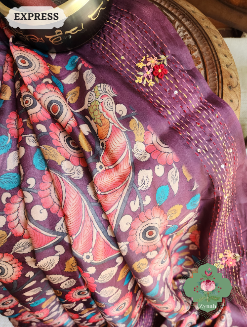 Zynah Wine Jute Tussar Kalamkari Saree, Frenchknot Motifs & Kantha Hand Embroidery at Pallu & Border & Sequins; Custom Stitched/Ready-made Blouse, Fall, Petticoat; SKU: 0805202303