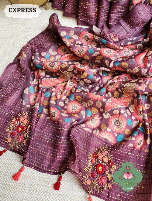 Zynah Wine Jute Tussar Kalamkari Saree, Frenchknot Motifs & Kantha Hand Embroidery at Pallu & Border & Sequins; Custom Stitched/Ready-made Blouse, Fall, Petticoat; SKU: 0805202303
