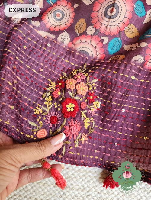 Zynah Wine Jute Tussar Kalamkari Saree, Frenchknot Motifs & Kantha Hand Embroidery at Pallu & Border & Sequins; Custom Stitched/Ready-made Blouse, Fall, Petticoat; SKU: 0805202303
