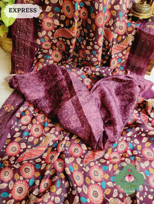 Zynah Wine Jute Tussar Kalamkari Saree, Frenchknot Motifs & Kantha Hand Embroidery at Pallu & Border & Sequins; Custom Stitched/Ready-made Blouse, Fall, Petticoat; SKU: 0805202303