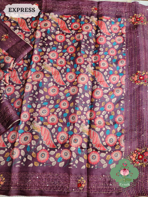 Zynah Wine Jute Tussar Kalamkari Saree, Frenchknot Motifs & Kantha Hand Embroidery at Pallu & Border & Sequins; Custom Stitched/Ready-made Blouse, Fall, Petticoat; SKU: 0805202303
