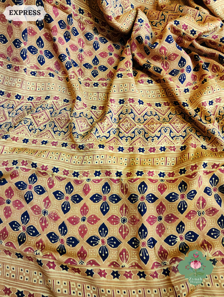 Zynah Yellow Ajrakh Modal Silk Saree With Tissue Pallu Crafted Using The Traditional Method Of Hand Block Printing Using 100% Natural Dyes; Custom Stitched/Ready-made Blouse, Fall, Petticoat; SKU: 1402202502