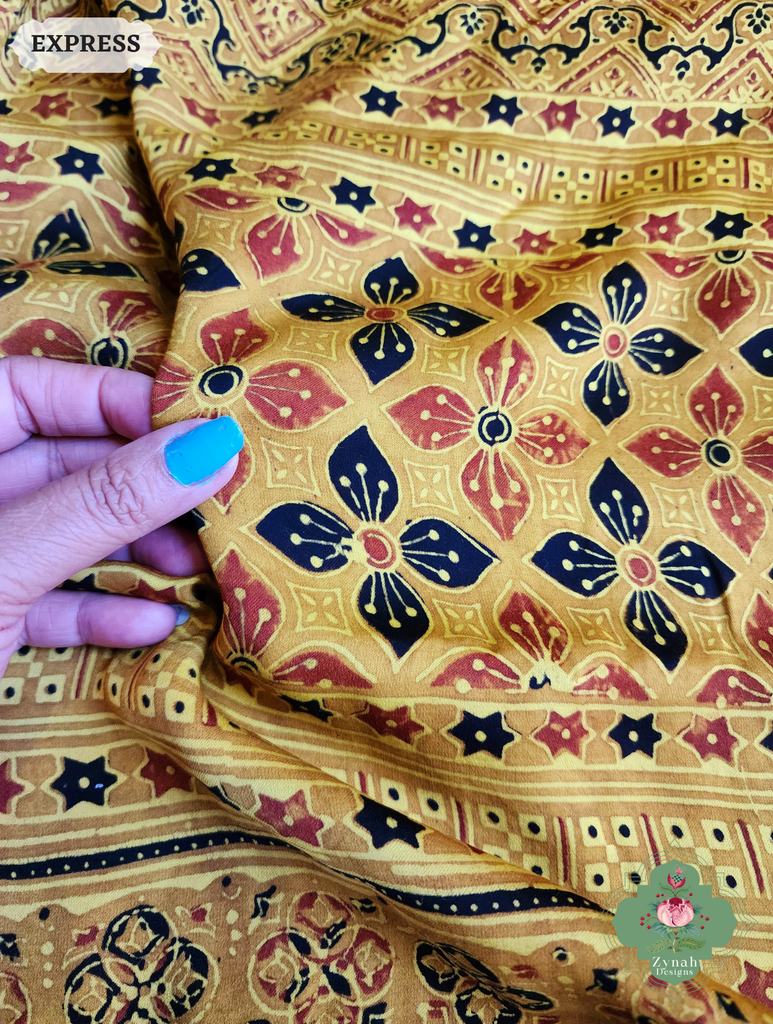 Zynah Yellow Ajrakh Modal Silk Saree With Tissue Pallu Crafted Using The Traditional Method Of Hand Block Printing Using 100% Natural Dyes; Custom Stitched/Ready-made Blouse, Fall, Petticoat; SKU: 1402202502