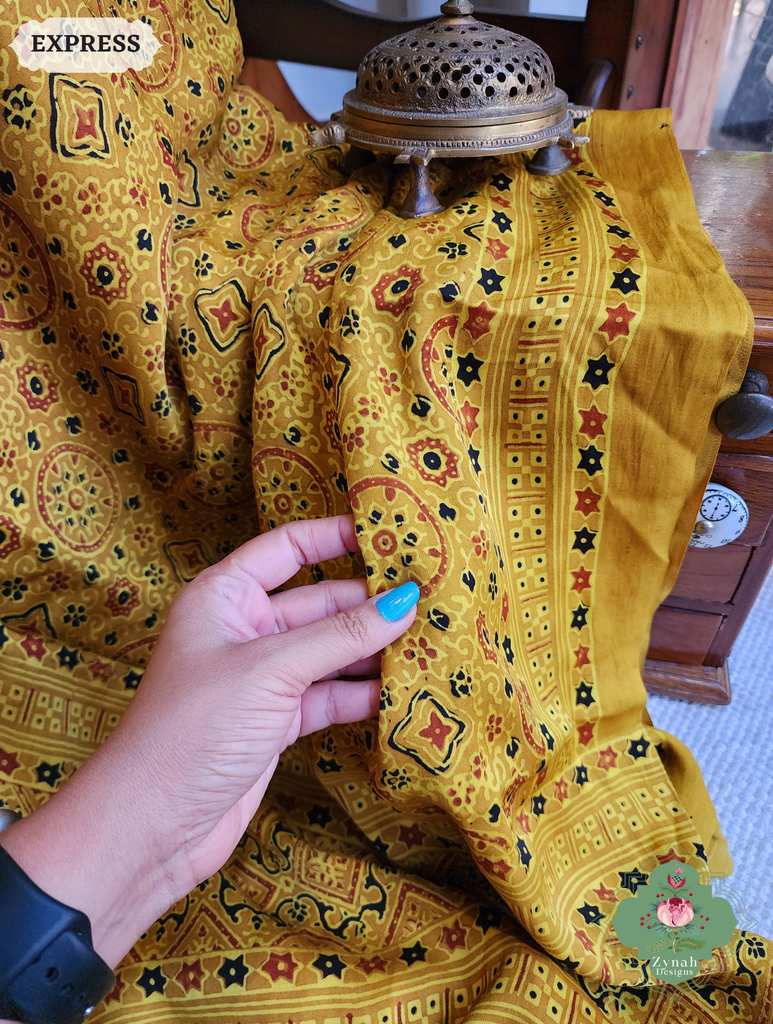 Zynah Yellow Ajrakh Modal Silk Saree With Tissue Pallu Crafted Using The Traditional Method Of Hand Block Printing Using 100% Natural Dyes; Custom Stitched/Ready-made Blouse, Fall, Petticoat; SKU: 1402202502