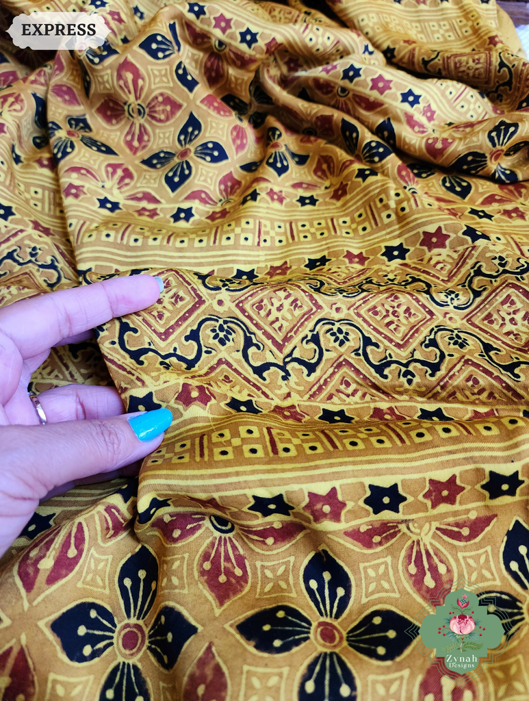 Zynah Yellow Ajrakh Modal Silk Saree With Tissue Pallu Crafted Using The Traditional Method Of Hand Block Printing Using 100% Natural Dyes; Custom Stitched/Ready-made Blouse, Fall, Petticoat; SKU: 1402202502