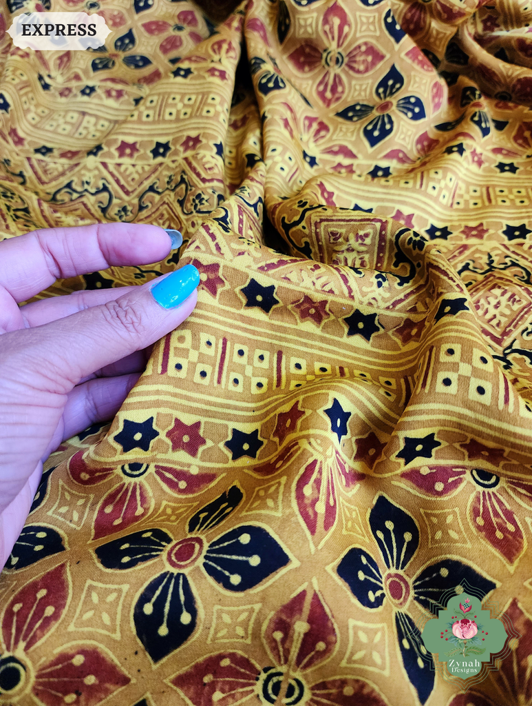 Zynah Yellow Ajrakh Modal Silk Saree With Tissue Pallu Crafted Using The Traditional Method Of Hand Block Printing Using 100% Natural Dyes; Custom Stitched/Ready-made Blouse, Fall, Petticoat; SKU: 1402202502