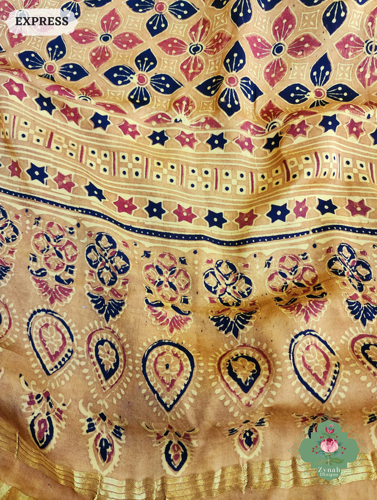 Zynah Yellow Ajrakh Modal Silk Saree With Tissue Pallu Crafted Using The Traditional Method Of Hand Block Printing Using 100% Natural Dyes; Custom Stitched/Ready-made Blouse, Fall, Petticoat; SKU: 1402202502