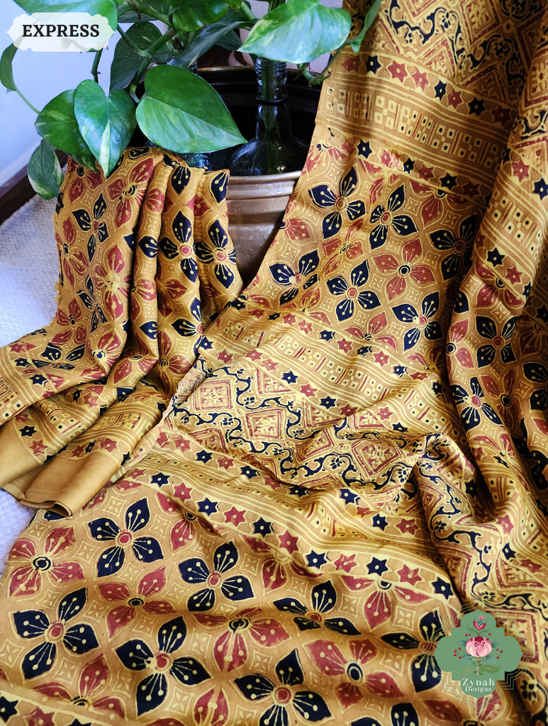 Zynah Yellow Ajrakh Modal Silk Saree With Tissue Pallu Crafted Using The Traditional Method Of Hand Block Printing Using 100% Natural Dyes; Custom Stitched/Ready-made Blouse, Fall, Petticoat; SKU: 1402202502