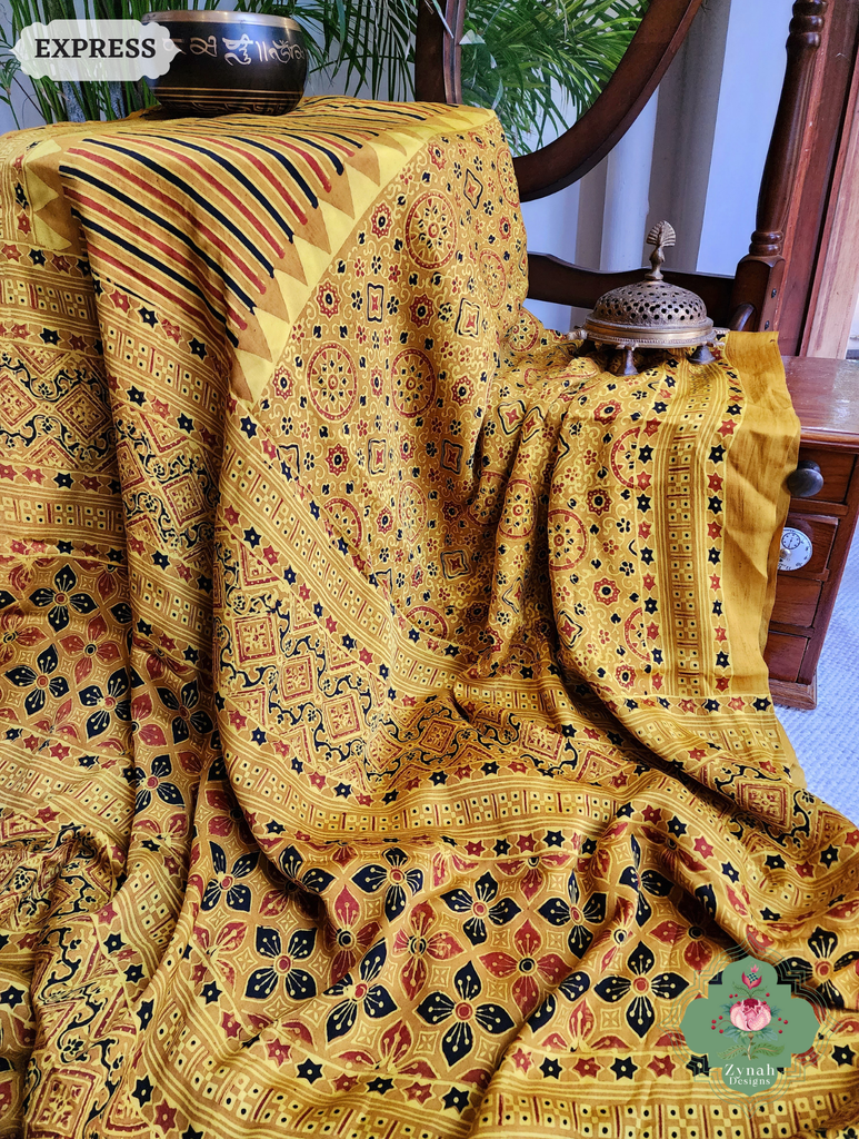 Zynah Yellow Ajrakh Modal Silk Saree With Tissue Pallu Crafted Using The Traditional Method Of Hand Block Printing Using 100% Natural Dyes; Custom Stitched/Ready-made Blouse, Fall, Petticoat; SKU: 1402202502