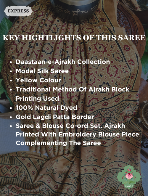 Yellow Ajrakh Modal Silk Saree With Lagdi Patta On Pallu, Crafted Using The Traditional Method Of Hand Block Printing Using 100% Natural Dyes