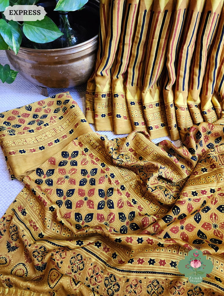Yellow Ajrakh Modal Silk Saree With Tissue Pallu Crafted Using The Traditional Method Of Hand Block Printing Using 100% Natural Dyes 3