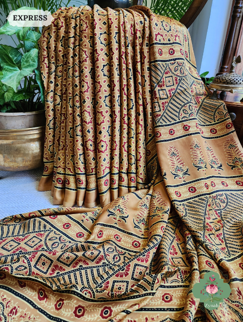 Yellow Ajrakh Modal Silk Saree With Lagdi Patta On Pallu, Crafted Using The Traditional Method Of Hand Block Printing Using 100% Natural Dyes