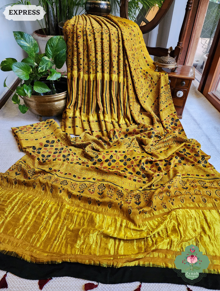 Yellow Ajrakh Modal Silk Saree With Tissue Pallu Crafted Using The Traditional Method Of Hand Block Printing Using 100% Natural Dyes 4