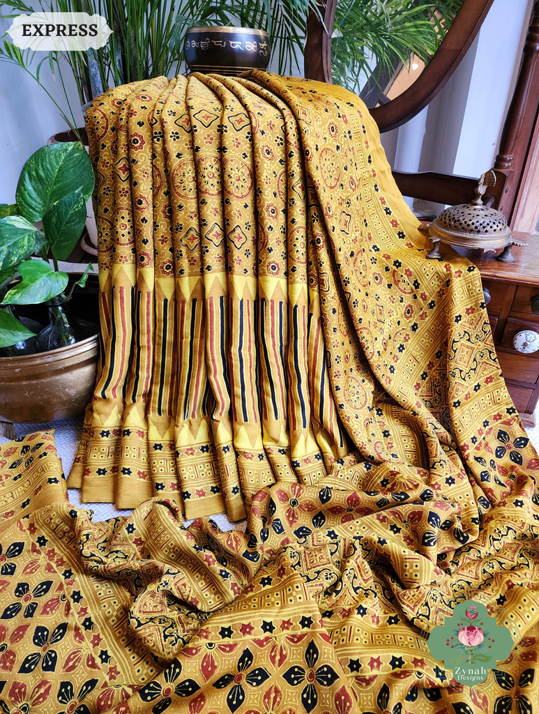 Yellow Ajrakh Modal Silk Saree With Tissue Pallu Crafted Using The Traditional Method Of Hand Block Printing Using 100% Natural Dyes 5
