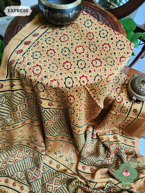 Yellow Ajrakh Modal Silk Saree With Lagdi Patta On Pallu, Crafted Using The Traditional Method Of Hand Block Printing Using 100% Natural Dyes
