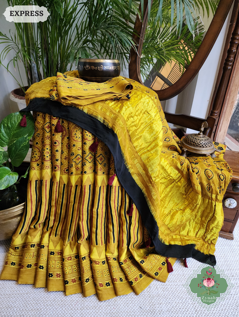 Yellow Ajrakh Modal Silk Saree With Tissue Pallu Crafted Using The Traditional Method Of Hand Block Printing Using 100% Natural Dyes 6