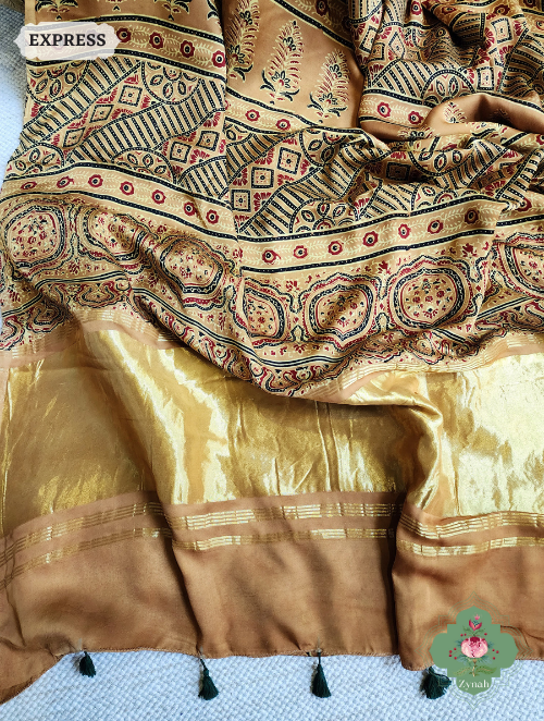 Yellow Ajrakh Modal Silk Saree With Lagdi Patta On Pallu, Crafted Using The Traditional Method Of Hand Block Printing Using 100% Natural Dyes