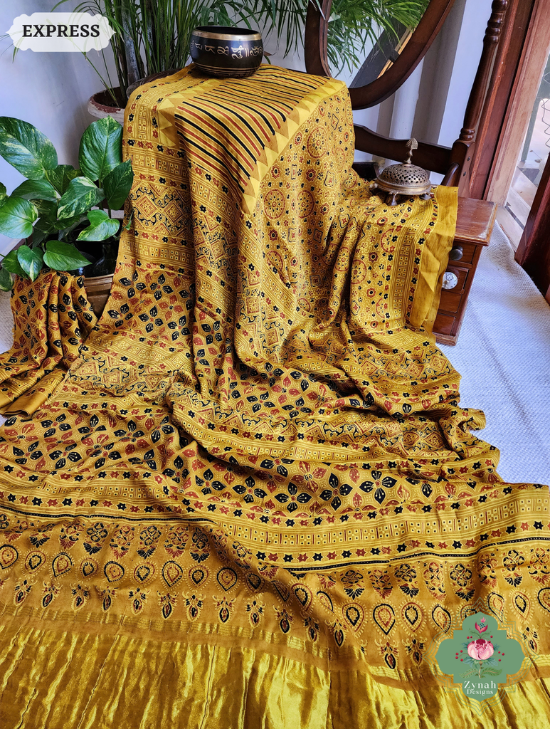 Yellow Ajrakh Modal Silk Saree With Tissue Pallu Crafted Using The Traditional Method Of Hand Block Printing Using 100% Natural Dyes 7