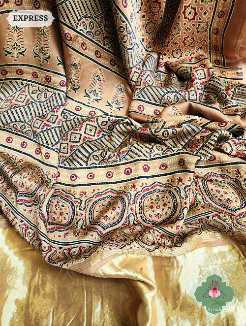 Yellow Ajrakh Modal Silk Saree With Lagdi Patta On Pallu, Crafted Using The Traditional Method Of Hand Block Printing Using 100% Natural Dyes
