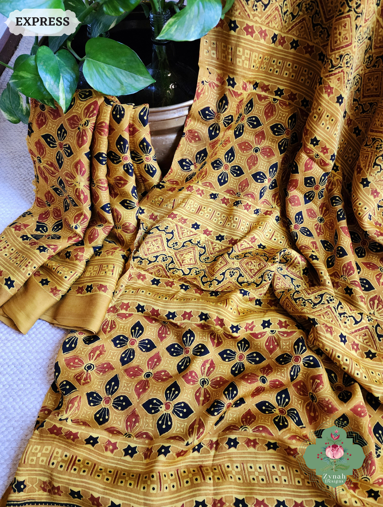 Yellow Ajrakh Modal Silk Saree With Tissue Pallu Crafted Using The Traditional Method Of Hand Block Printing Using 100% Natural Dyes 8