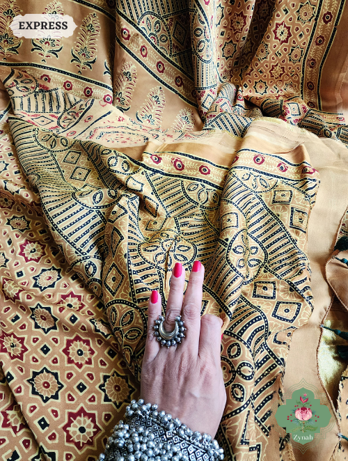 Yellow Ajrakh Modal Silk Saree With Lagdi Patta On Pallu, Crafted Using The Traditional Method Of Hand Block Printing Using 100% Natural Dyes